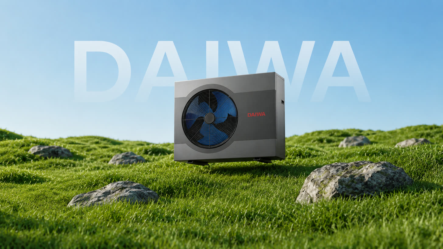 Yeşil çayırlıkta, arkasında DAIWA yazısıyla duran Daiwa monoblok hava kaynaklı ısı pompası