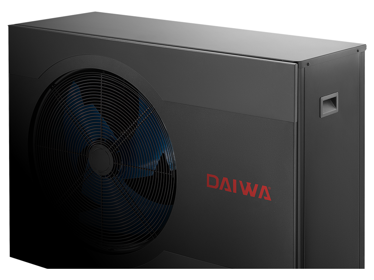 Daiwa R32 serisi monoblok hava kaynaklı ısı pompası dış ünitesi — antrasit gövde, üç çeyrek açıdan görünüm