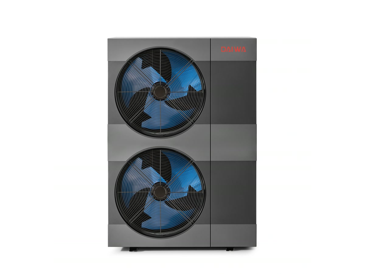 Daiwa DW-24 26 kW monoblok ısı pompası — çift fanlı dikey antrasit gövde, önden görünüm