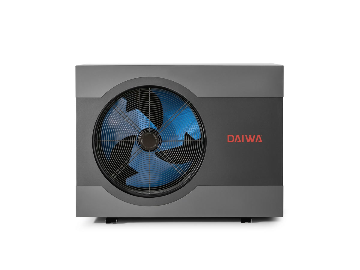 Daiwa DW-14 16 kW monoblok ısı pompası — tek fanlı antrasit gövde, önden görünüm